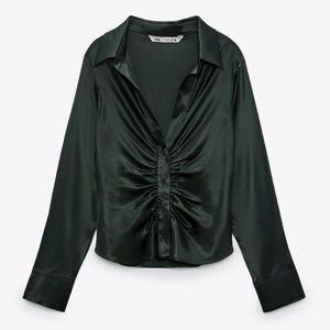 Zara Ruched Satin Effect Shirt in Emerald Green